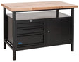 Banco da lavoro professionale Güde P 1200 SLT Black Line con piano in faggio massello, 3 cassetti bloccabili e vano chiuso con ripiani, ideale per officina.
