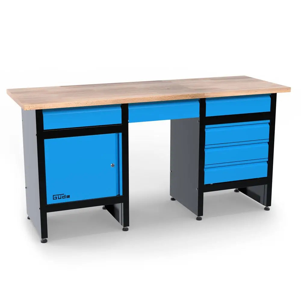 Banco da lavoro Guede GW 6/1 XL con piano in rubberwood da 1709 mm, sei cassetti a estrazione totale e anta con serratura, ideale per officina e laboratorio.
