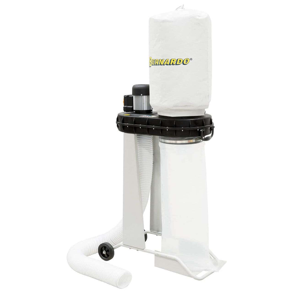 Impianto di aspirazione Bernardo DC 180 con sacca trucioli da 56 L, filtro da 0,8 m² e tubo di aspirazione da 2 m, ideale per piccoli laboratori.