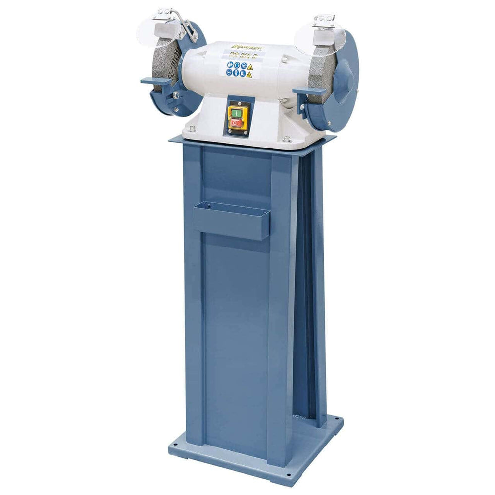 Smerigliatrice doppia Bernardo DS 150 S con mole Ø150 mm K36/K80, supporto pezzo e protezioni scintille.