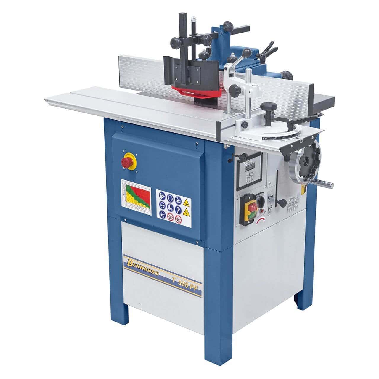 Fresatrice toupie Bernardo T 500 PF con piano in ghisa, mandrino Ø 30 mm e regolazione a 4 velocità, ideale per falegnameria.