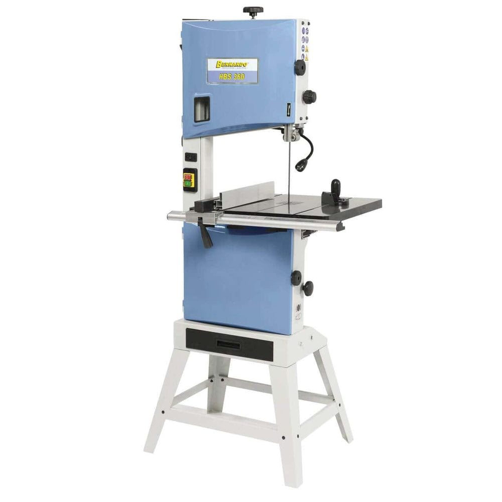 Sega a nastro per legno Bernardo HBS 360 con tavolo inclinabile, guida a rulli e motore 1,1 kW – ideale per falegnamerie e hobbisti.