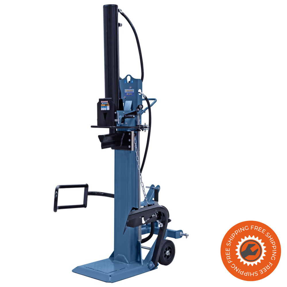 Bernardo Spaccalegna HS 30 Z, modello verticale a cardano, con pistone idraulico da 30 tonnellate, corsa 948 mm, sollevatore di tronchi e carrello per trasporto