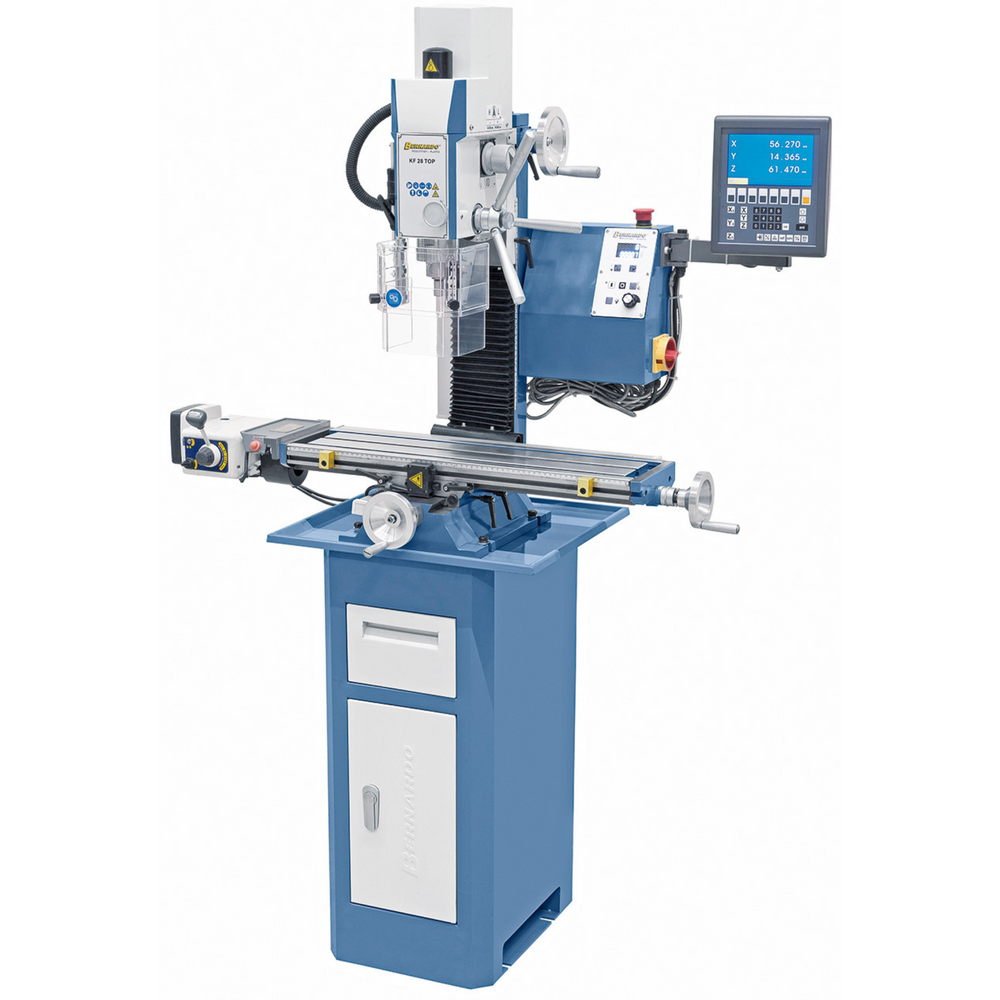 Trapano-fresatrice Bernardo KF 28 Top con tavola a croce 700 x 180 mm, testa inclinabile ±90°, velocità variabile, avanzamento automatico asse X e visualizzatore digitale a 3 assi ES-12 V.