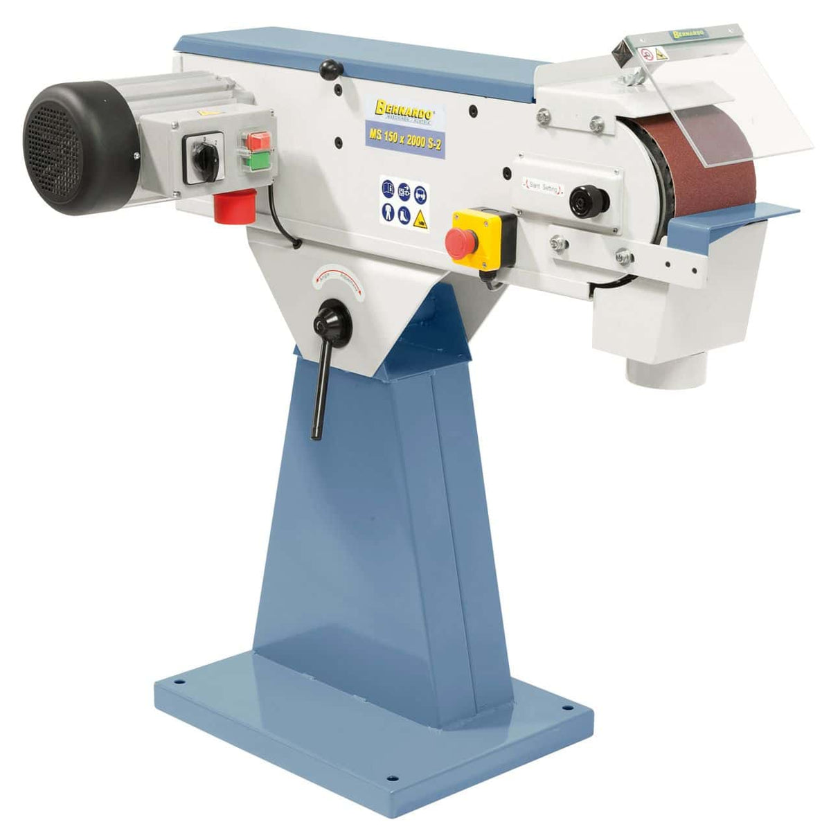 Levigatrice a nastro Bernardo MS 150 x 2000 S-2 con due velocità, nastro 150 x 2000 mm, rullo in gomma e aspirazione integrata Ø 100 mm.