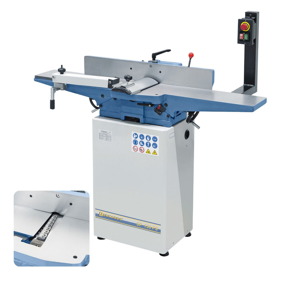 Pialla a filo Bernardo SP 150 PS con albero a spirale e 28 inserti TCT, tavole lunghe in ghisa e guida inclinabile 90°–45°.