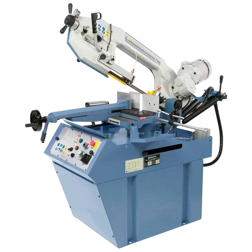 Segatrice a nastro Bernardo MBS 300 DG-V PRO 400 V con doppia angolazione -45°/+60°, velocità variabile e morsa rapida in ghisa.