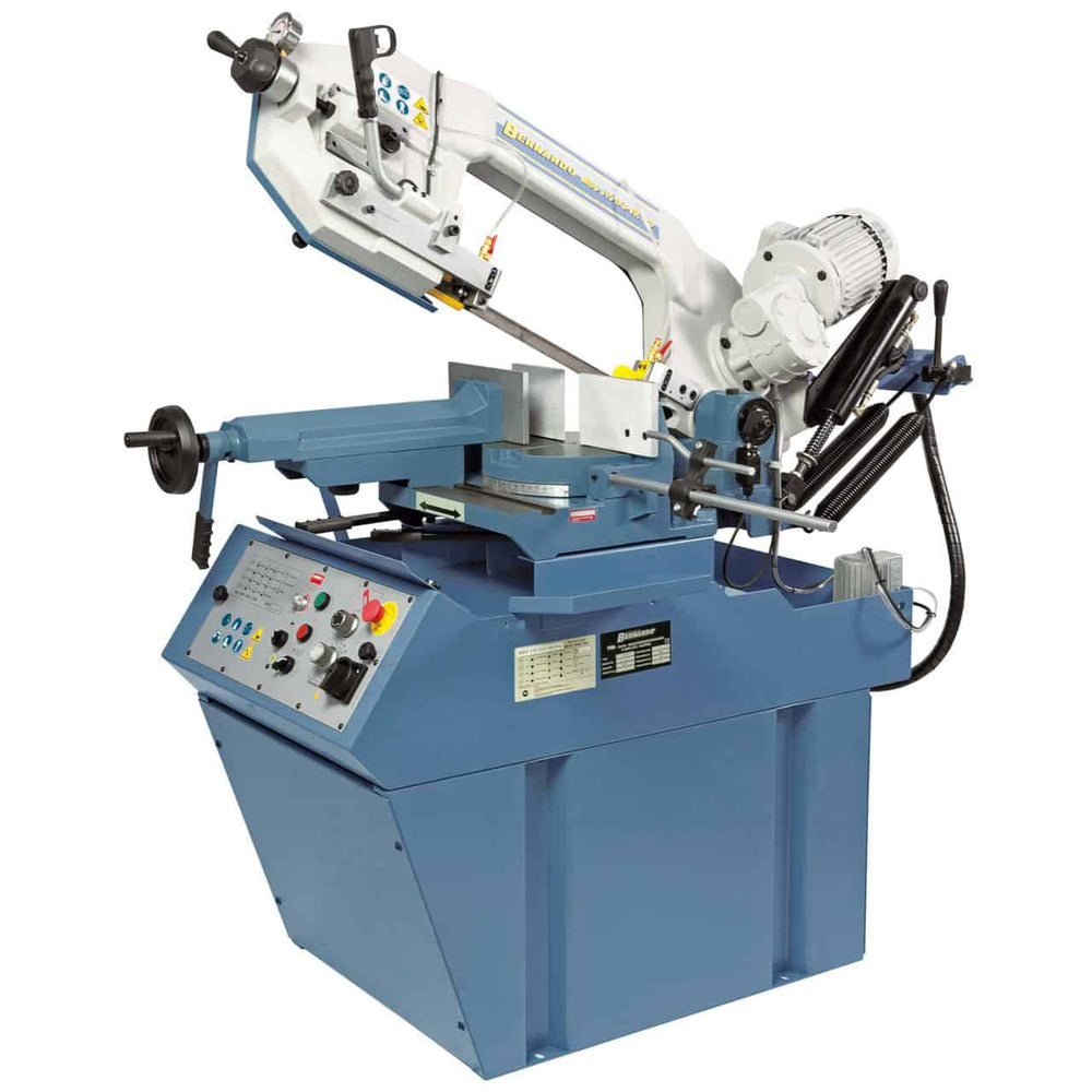 Segatrice a nastro Bernardo MBS 315 DG-VR PRO 400 V con doppio taglio angolare, tavola rotante protetta e velocità variabile.