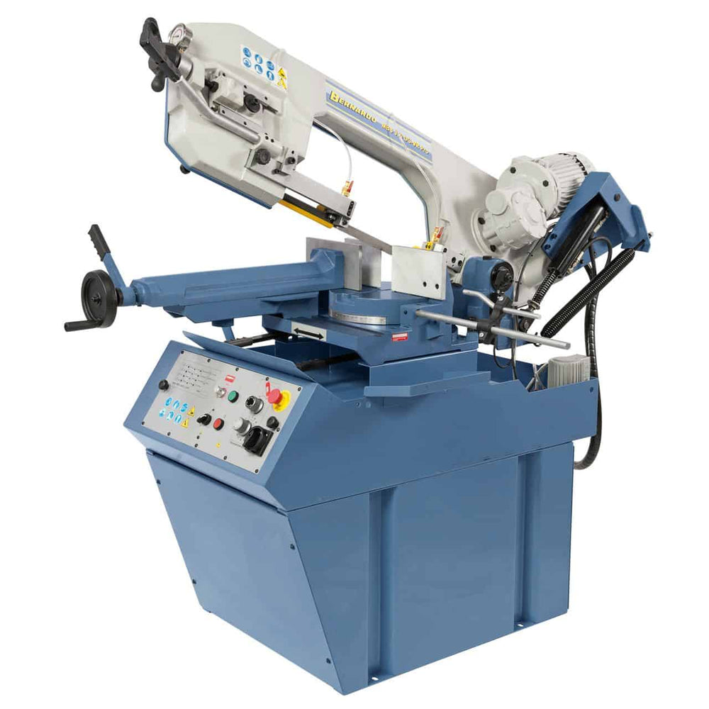 Segatrice a nastro Bernardo MBS 350 DG-VR PRO 400 V con telaio in ghisa sferoidale, doppio taglio angolare -45°/+60° e velocità variabile.