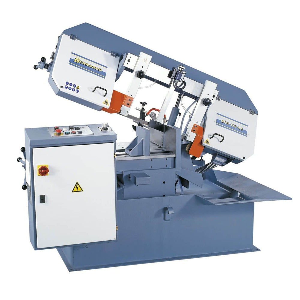 Sega a nastro semiautomatica Bernardo MSB 320 HG con sollevamento automatico del braccio, velocità variabile e capacità fino a 350 x 320 mm.