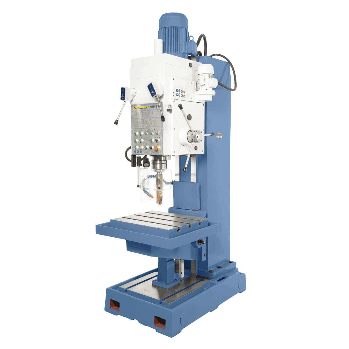 Trapano a colonna fissa Bernardo KBM 80 con struttura in ghisa massiccia, motore da 5,5 kW e capacità di foratura fino a 80 mm.