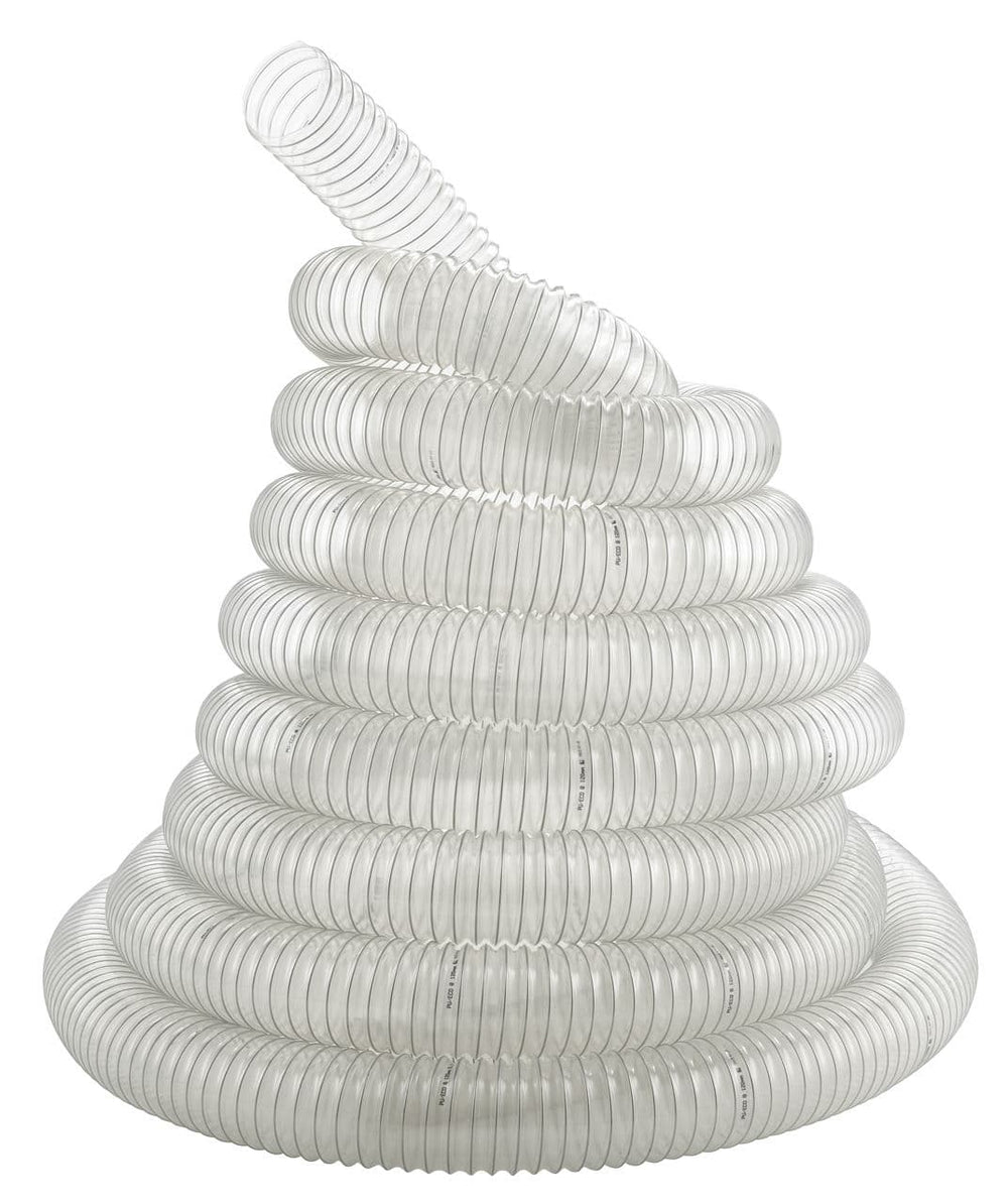 Tubo di aspirazione Bernardo Ø160 mm, lunghezza 6 m, in plastica trasparente con spirale in acciaio zincato, flessibile e resistente per impianti di aspirazione industriale.