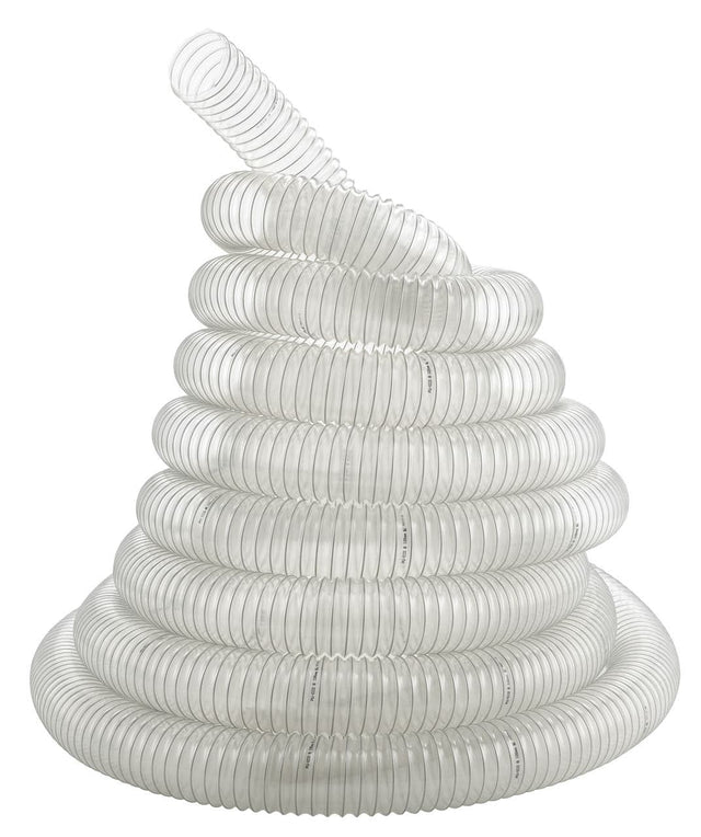 Tubo di aspirazione a spirale Bernardo Ø180 mm, lunghezza 6 m, trasparente con spirale in acciaio zincato, flessibile e resistente per sistemi di aspirazione industriale.