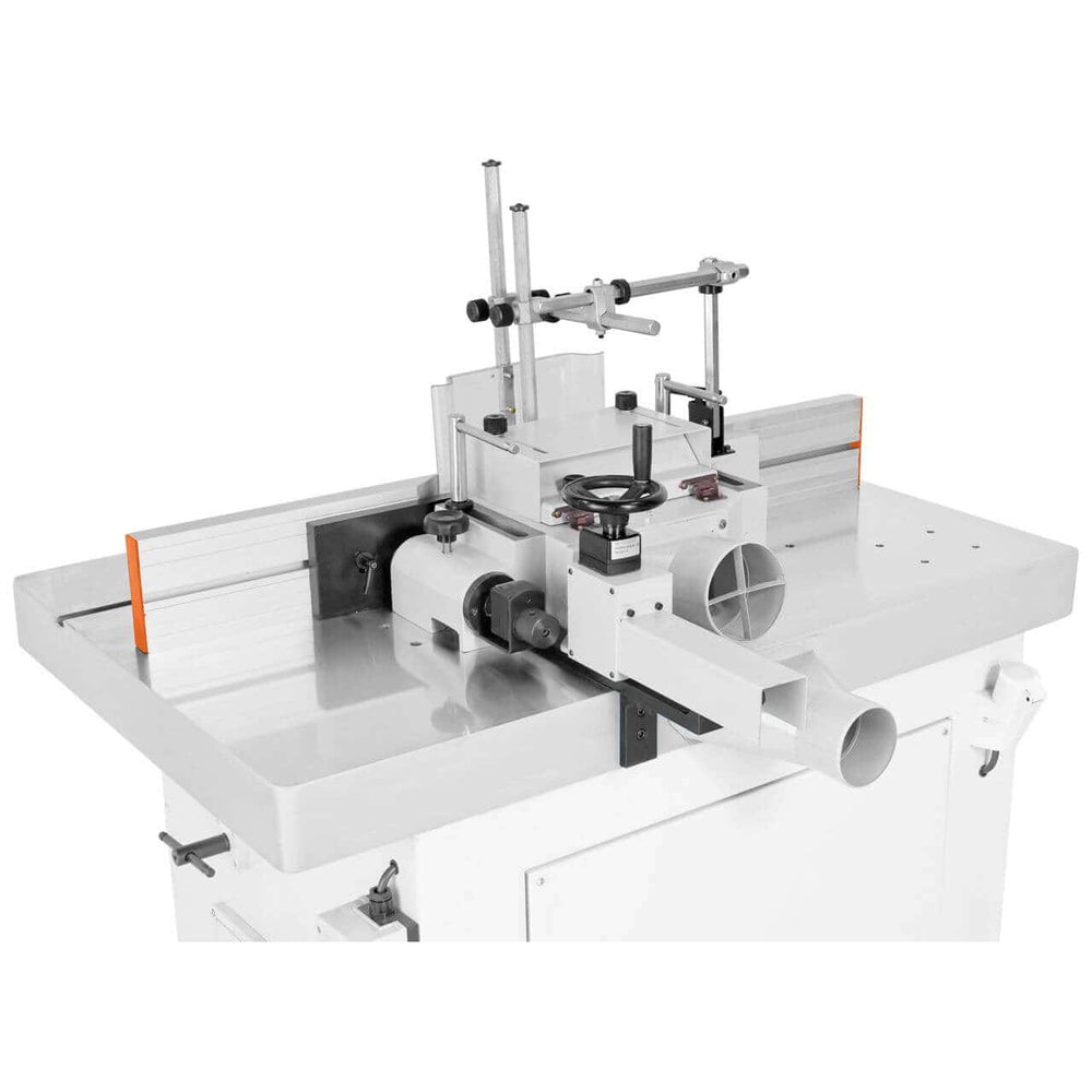 Calotta di protezione Bernardo FA-02 in metallo con schermo trasparente regolabile, compatibile con toupie e fresatrici verticali, ideale per garantire sicurezza e visibilità durante la lavorazione.