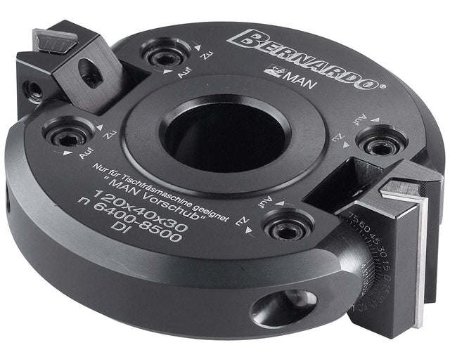Testa regolabile a smusso Bernardo Ø120 mm, altezza 40 mm e foro 30 mm, con 2 taglienti HW e inclinazione regolabile fino a 45° per fresatura precisa di smussi e profili inclinati.