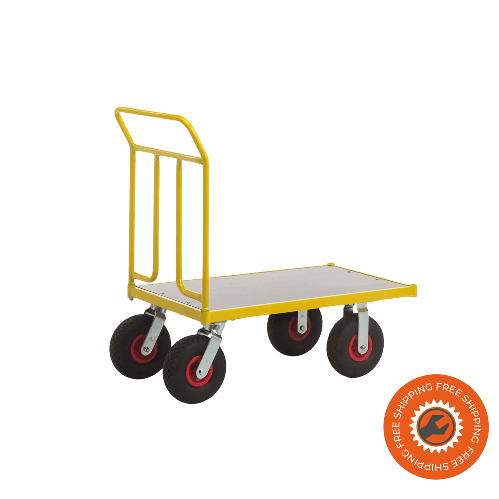 Carrello Ravendo TW 1000 L in acciaio giallo con ruote pneumatiche, piano di carico da 1000 mm e maniglia ad arco ergonomica, ideale per trasporti interni ed esterni fino a 400 kg.
