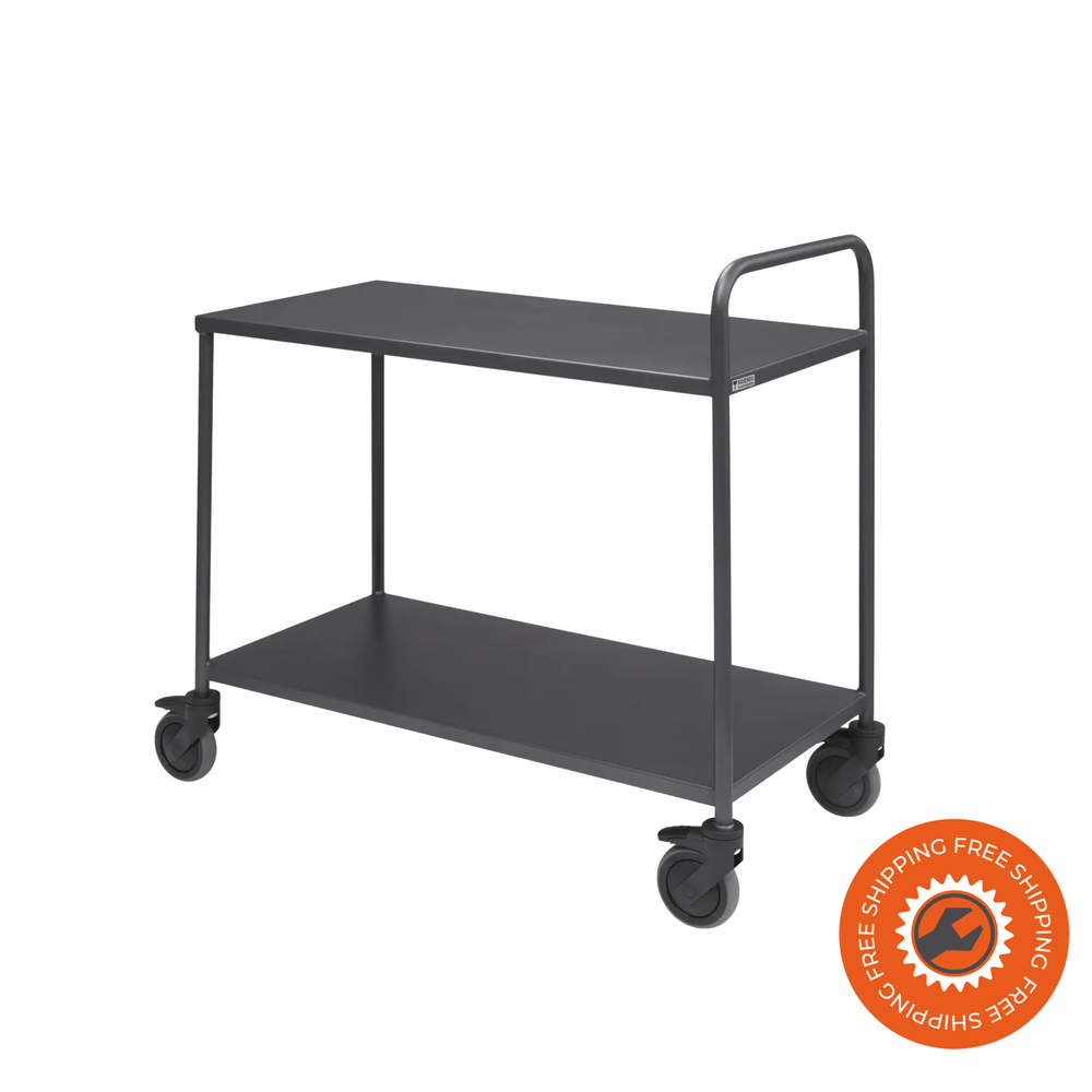Carrello da tavolo Ravendo WTT 1000-1 in acciaio grigio granito con due ripiani e ruote Tente Ø125 mm, elegante e stabile, perfetto per laboratori, officine e magazzini.