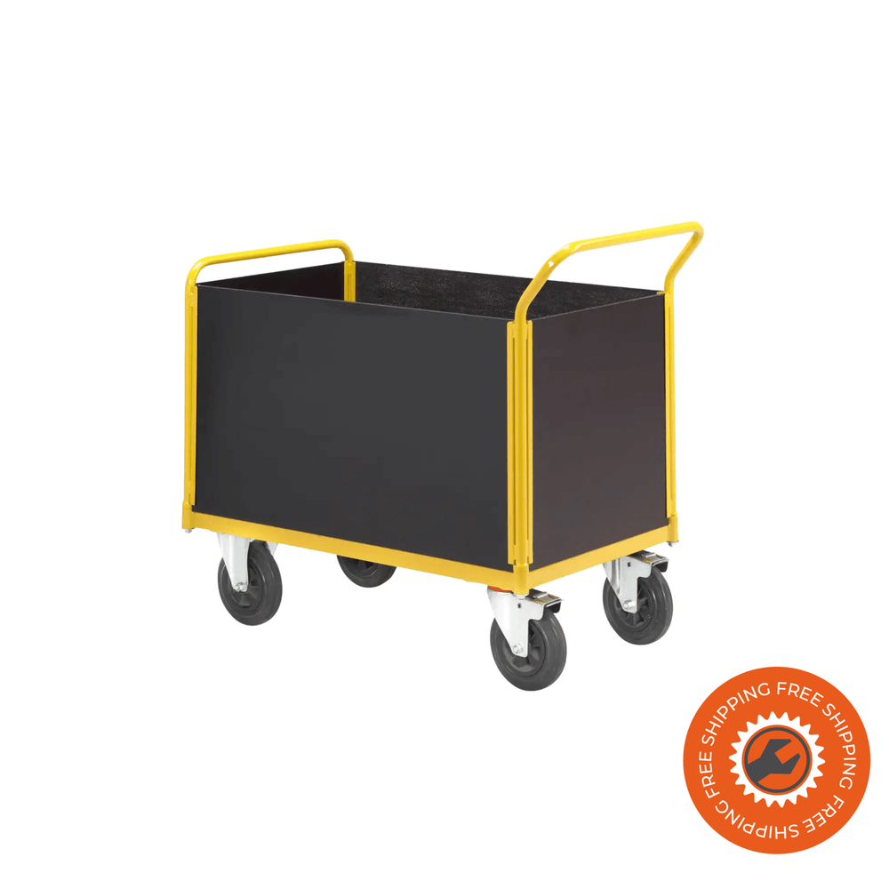 Carrello Ravendo TW 750 M-HWS in acciaio giallo con sponde alte in legno e ruote solide Ø200 mm, ideale per trasporti industriali fino a 400 kg.
