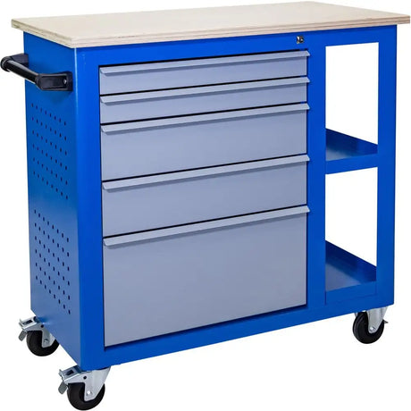 Carrello officina professionale Güde GWB 05 con banco da lavoro, 5 cassetti bloccabili, pannelli forati Euro e ruote con freno.