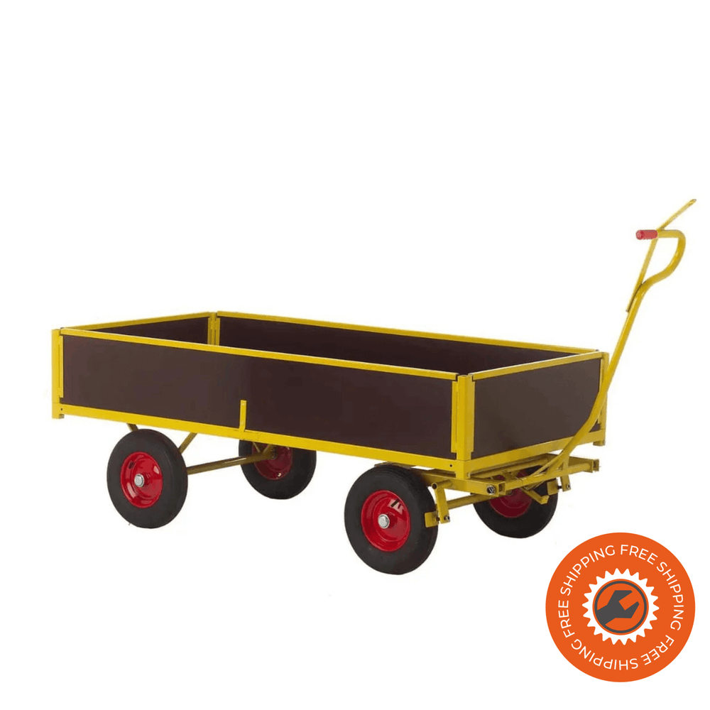 Carrello Ravendo TWSE 2000 con 4 sponde laterali in acciaio e pannelli in legno, progettato per aumentare la capacità di carico e la sicurezza nei trasporti industriali.