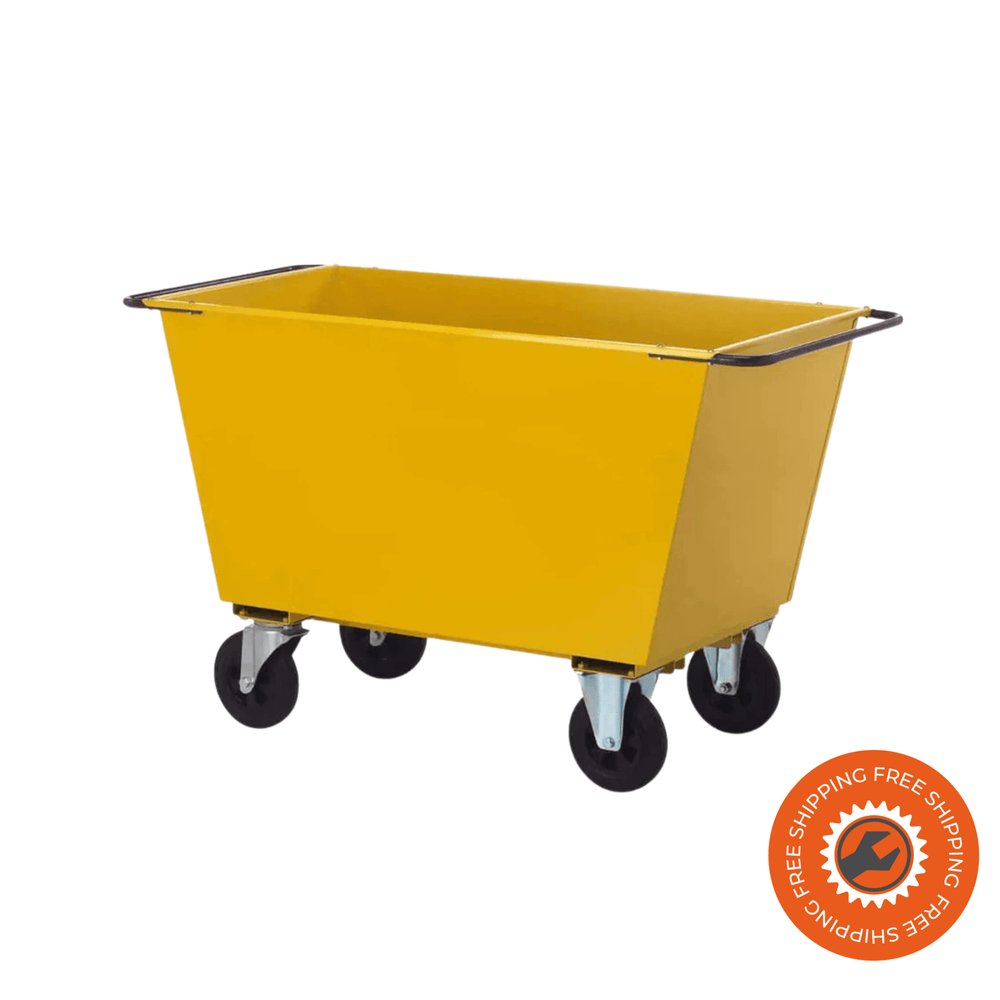 Carrello per mangime Ravendo FW 400-4M in acciaio giallo verniciato a polvere con vasca da 200 litri e ruote solide Ø200 x 50 mm, ideale per allevamenti e aziende agricole.