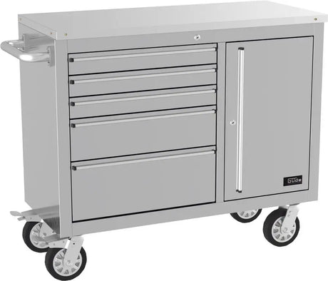 Carrello portautensili Guede GW 5/1 INOX con piano di lavoro in acciaio inox, cinque cassetti, anta chiudibile e ruote con freno, ideale per uso professionale.