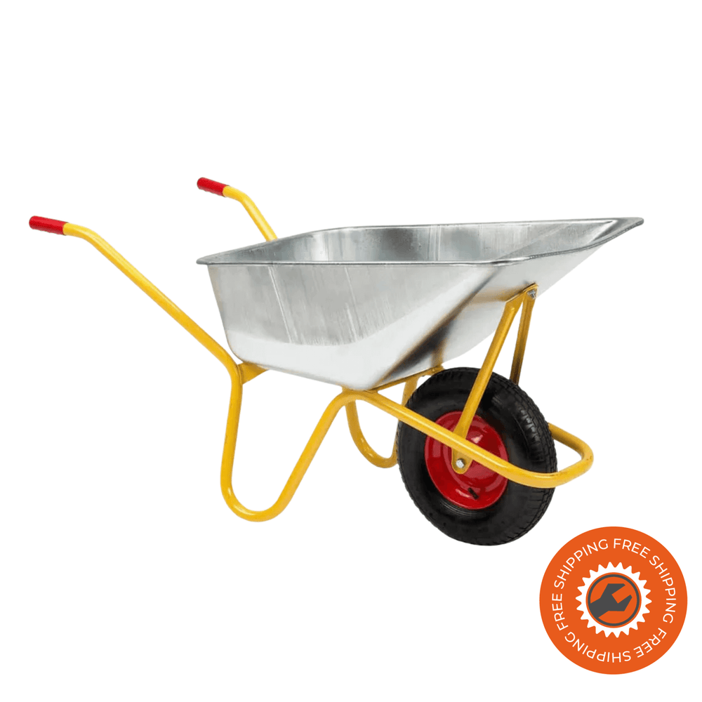 La carriola Ravendo BC 1100 con vasca da 110 litri, struttura in acciaio Ø 30 mm e ruote pneumatiche con cuscinetti a sfera, ideale per trasporto sicuro e pratico del cemento fino a 250 kg.
