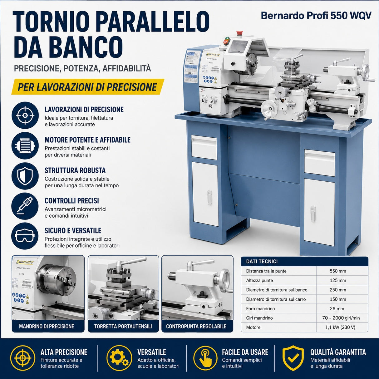 Stružnica za kovino Bernardo Profi 550 WQ – razdalja med koniki 550 mm, Ø 250 mm na mizi, premer luknje vretena Ø 26 mm, stožec MK 4, motor 0,75 kW 230 V enofazni, teža 120 kg