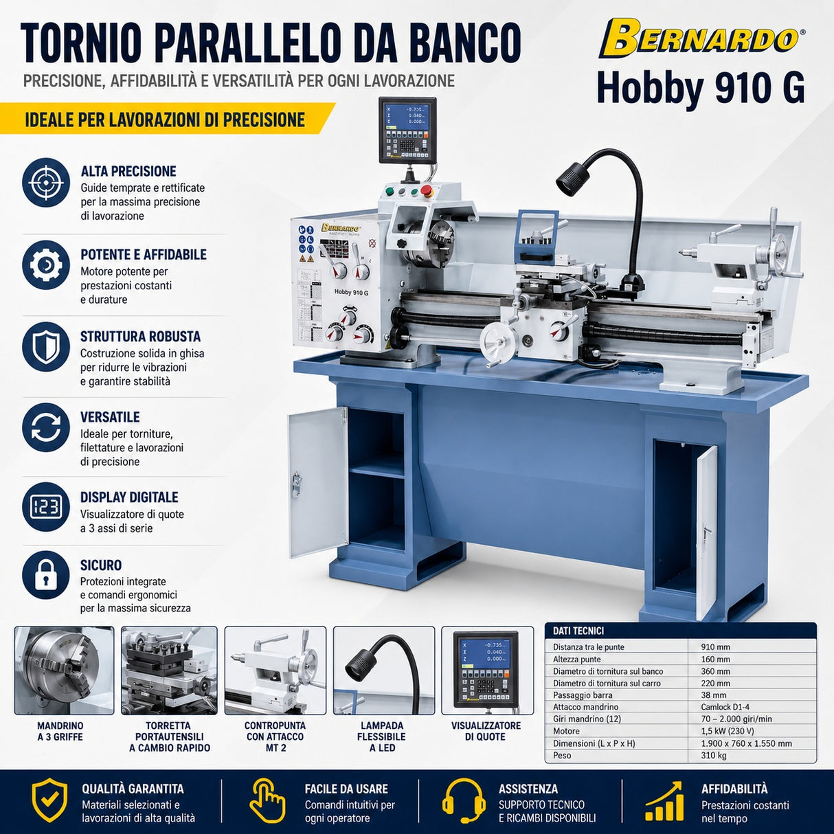 Bernardo Hobby 910 G 230 V / 400 V stružnica za kovino s 3-osnim DRO ES-12 V