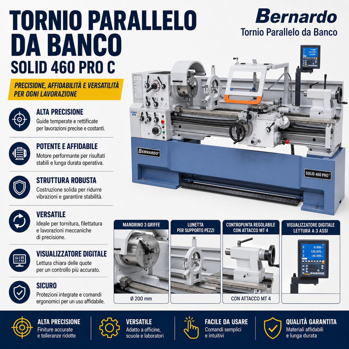Stružnica za kovino Bernardo Solid 460 x 1500 Pro s 3-osnim digitalnim odčitavanjem