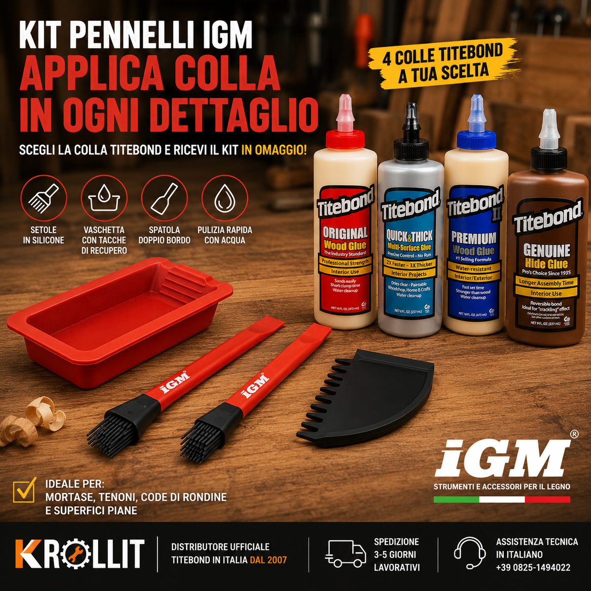 Komplet čopičev za silikonsko lepilo IGM z lepilom Titebond po vaši izbiri