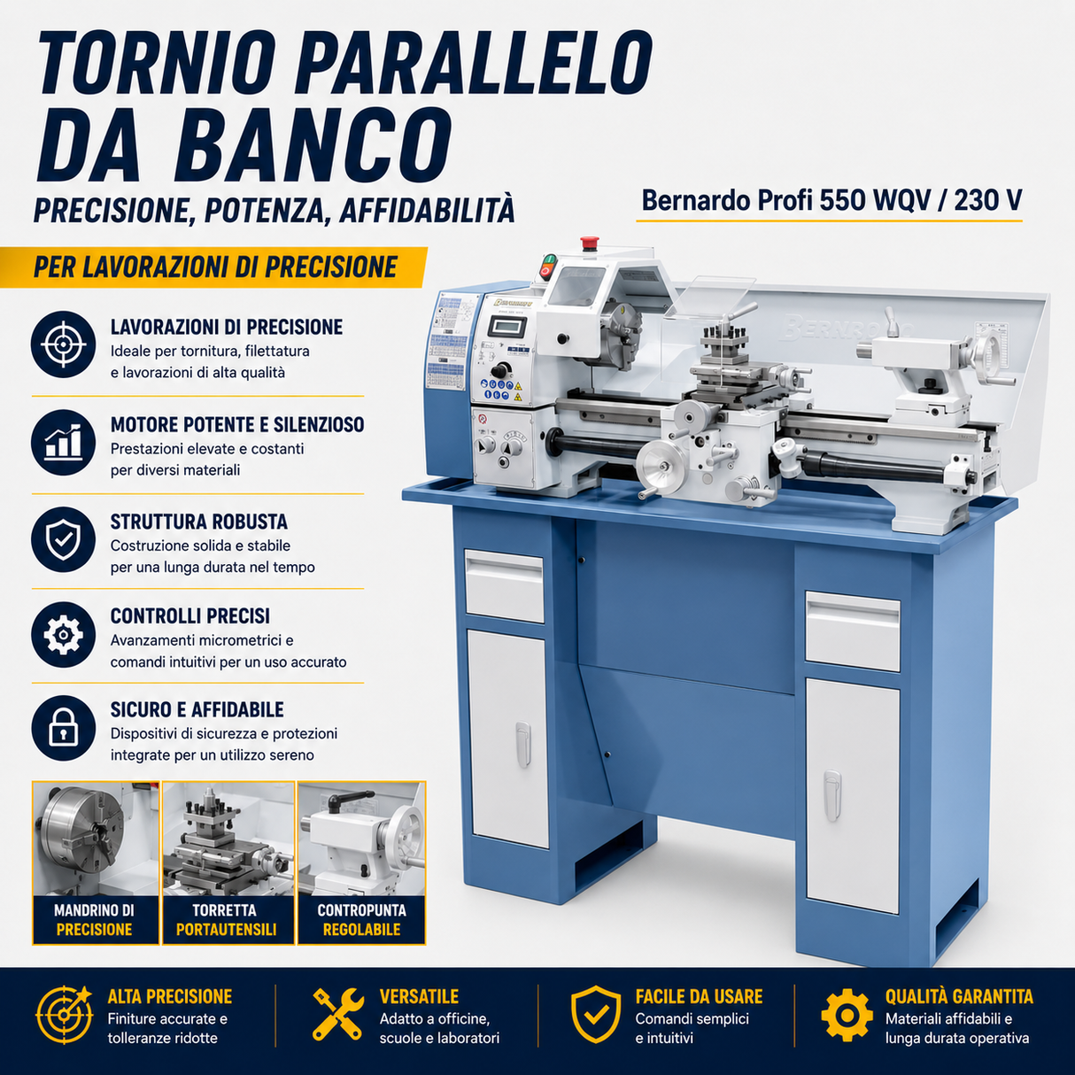Stružnica za kovino Bernardo Profi 550 WQV – razdalja med koniki 550 mm, Ø 250 mm na postelji, premer odprtine vretena Ø 26 mm, stožec MK 4, enofazni motor 230 V 0,75 kW, digitalni prikazovalnik hitrosti, teža 120 kg