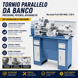 Stružnica za kovino Bernardo Profi 550 WQV – razdalja med koniki 550 mm, Ø 250 mm na postelji, premer odprtine vretena Ø 26 mm, stožec MK 4, enofazni motor 230 V 0,75 kW, digitalni prikazovalnik hitrosti, teža 120 kg