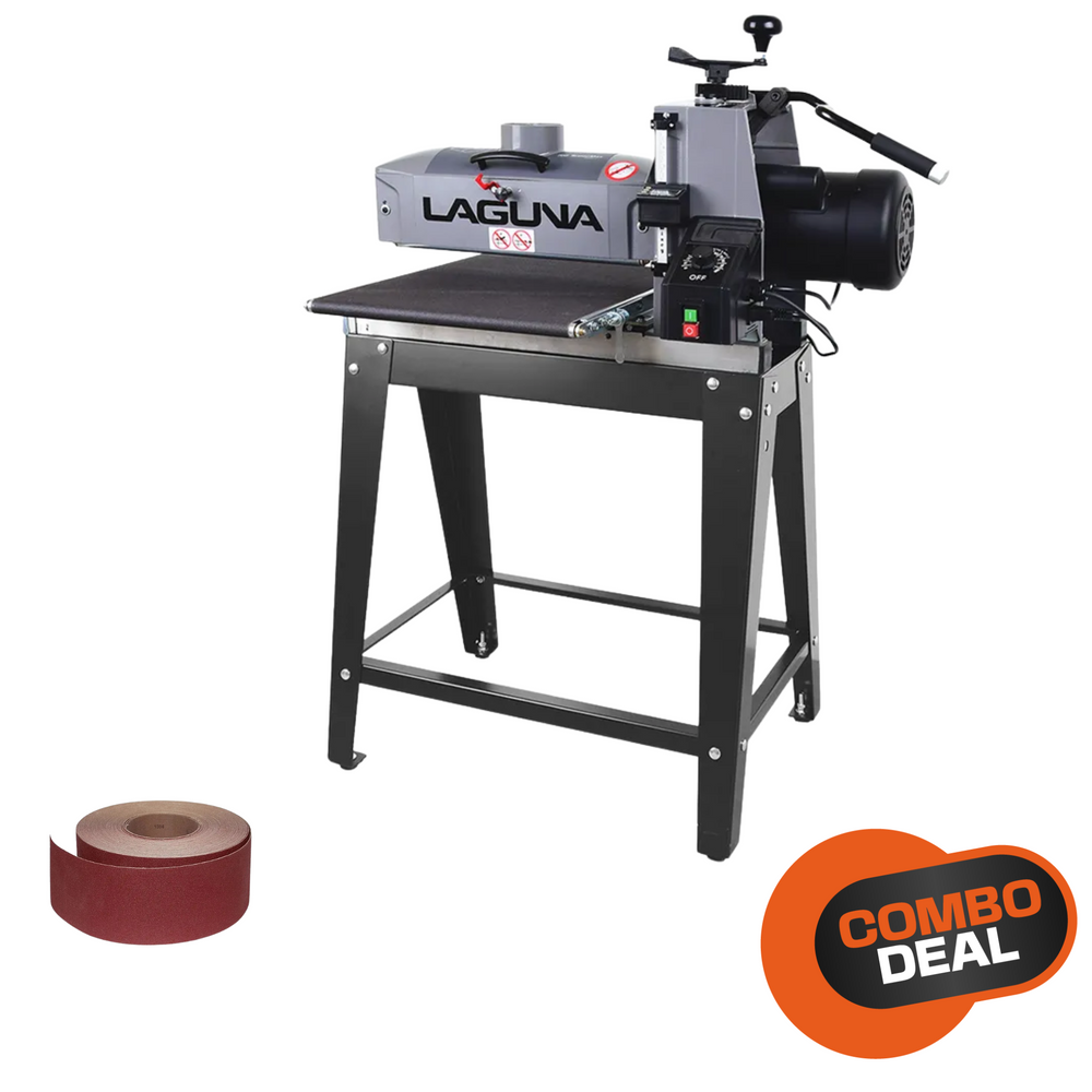 Vista della calibratrice LAGUNA 1632 SuperMax in officina, con rotolo abrasivo da 25 m K80 e maschera FFP3 in primo piano – offerta combo dedicata a professionisti del legno.