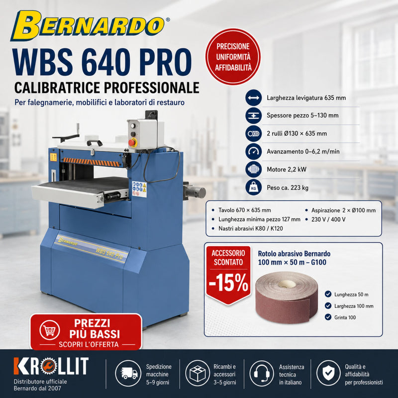 Kombinirani komplet kalibrirnega brusilnega stroja Bernardo WBS 640 Pro + Brusni zvitek 100 mm granulacije 100