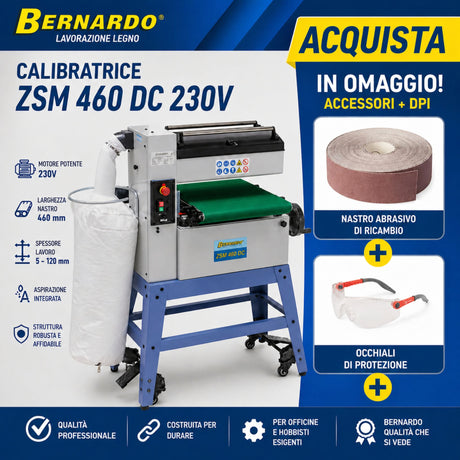 Calibratrice Bernardo ZSM 460 DC alimentazione 230V in versione combo, ideale per levigatura e calibratura precisa del legno con finitura uniforme.