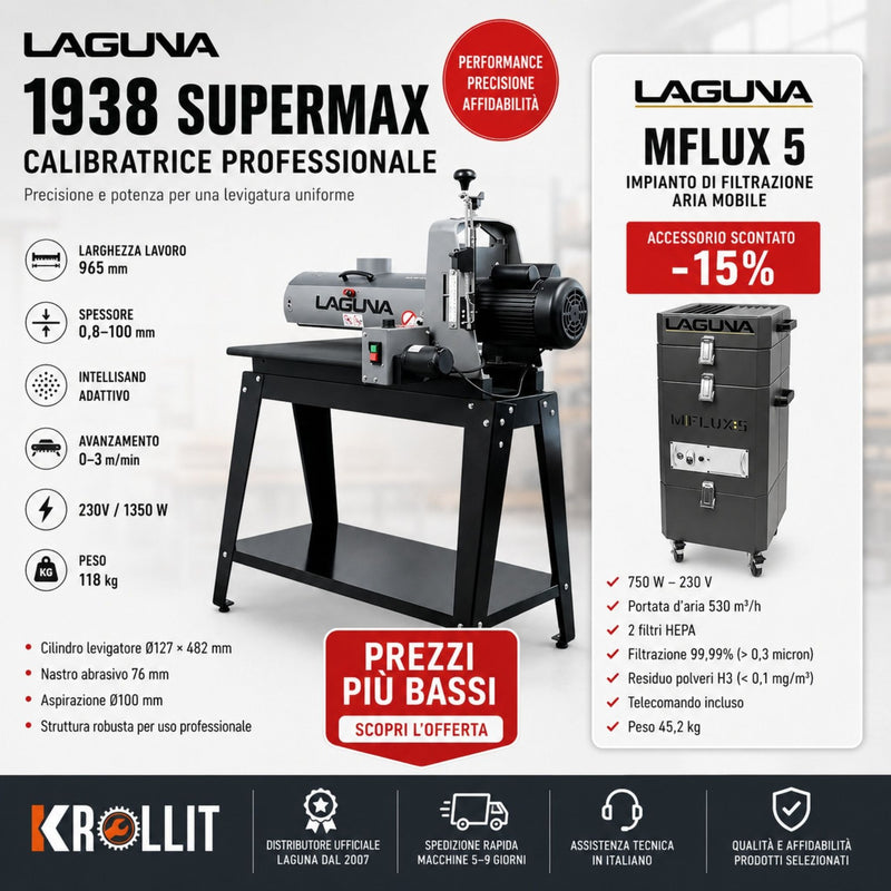 Kombinirani komplet kalibrirnega brusilnega stroja Laguna 1938 SuperMax + Odsesovalnik Laguna MFlux 5