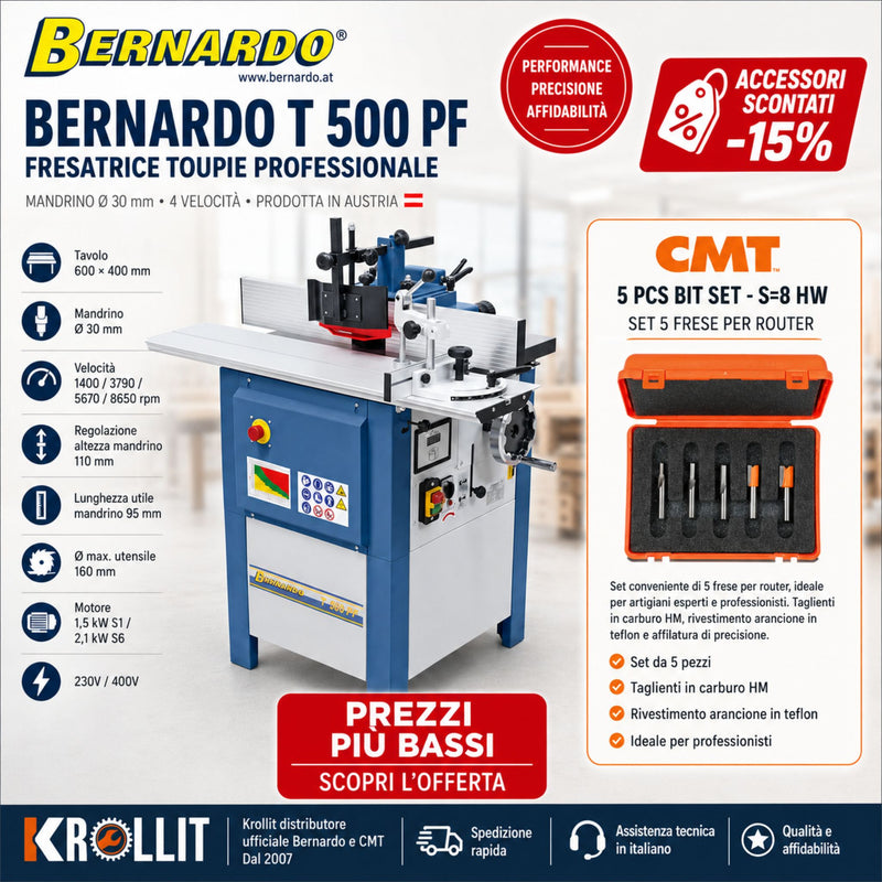 Kombinirani komplet rezkalnega stroja Bernardo T 500 PF + CMT komplet 5 rezkarjev