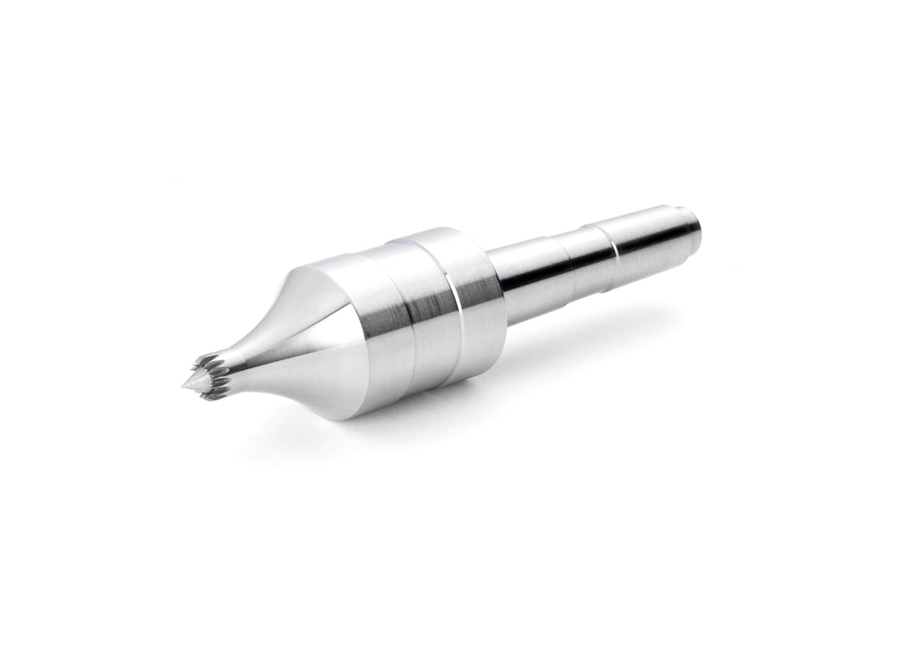 Contropunta rotante Record Power Coronet Falcon a denti multipli con perno elastico regolabile, ideale per tornitura sicura di legni delicati e pezzi laminati.