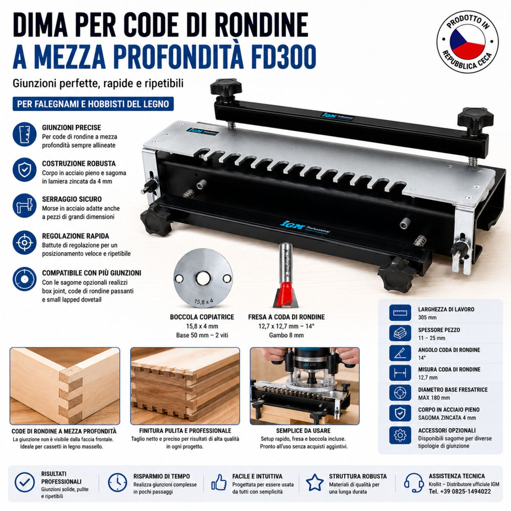 Dima per code di rondine IGM FD300 con corpo in acciaio pieno, sagoma in lamiera zincata 4 mm tagliata al laser, larghezza di lavoro 305 mm. Set completo con boccola copiatrice 15,8 mm e fresa a coda di rondine 12,7 mm 14°. Prodotta nella Repubblica Ceca.