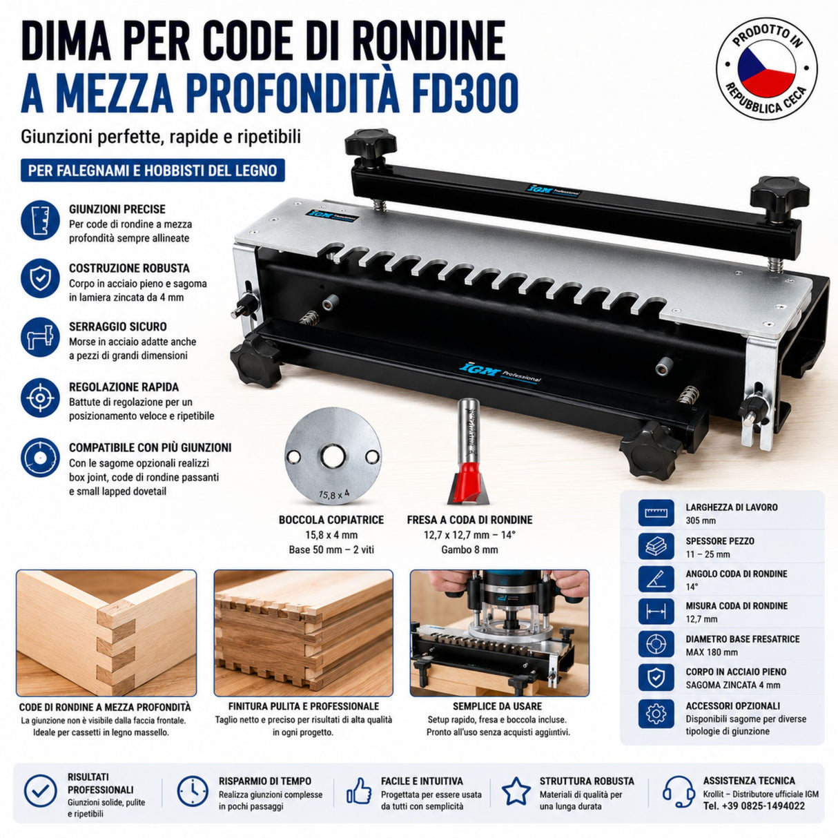 Dima per code di rondine IGM FD300 con corpo in acciaio pieno, sagoma in lamiera zincata 4 mm tagliata al laser, larghezza di lavoro 305 mm. Set completo con boccola copiatrice 15,8 mm e fresa a coda di rondine 12,7 mm 14°. Prodotta nella Repubblica Ceca.