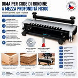 Dima per code di rondine IGM FD300 con corpo in acciaio pieno, sagoma in lamiera zincata 4 mm tagliata al laser, larghezza di lavoro 305 mm. Set completo con boccola copiatrice 15,8 mm e fresa a coda di rondine 12,7 mm 14°. Prodotta nella Repubblica Ceca.