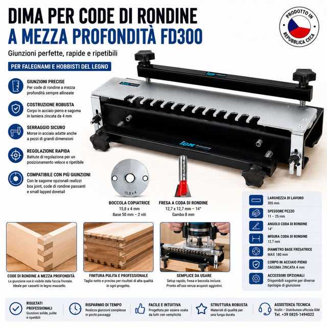 Dima per code di rondine IGM FD300 con corpo in acciaio pieno, sagoma in lamiera zincata 4 mm tagliata al laser, larghezza di lavoro 305 mm. Set completo con boccola copiatrice 15,8 mm e fresa a coda di rondine 12,7 mm 14°. Prodotta nella Repubblica Ceca.