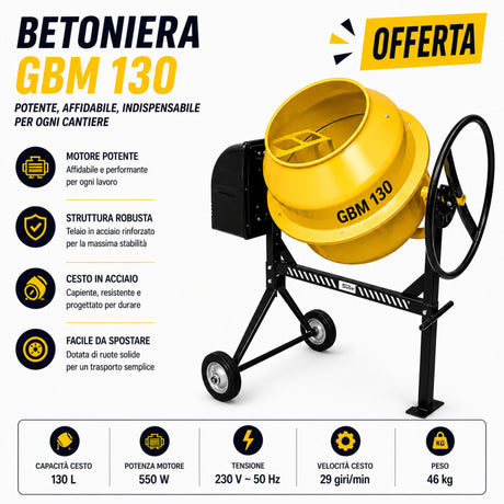 Betoniera Güde GBM 130, ideale per miscelazione di cemento, malta e materiali da costruzione, con struttura robusta e facile utilizzo per lavori edili.