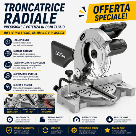 Troncatrice compatta Güde GKS 2134.1 da 1100W, ideale per eseguire tagli angolari e obliqui su legno e materiali derivati con precisione e facilità d’uso.