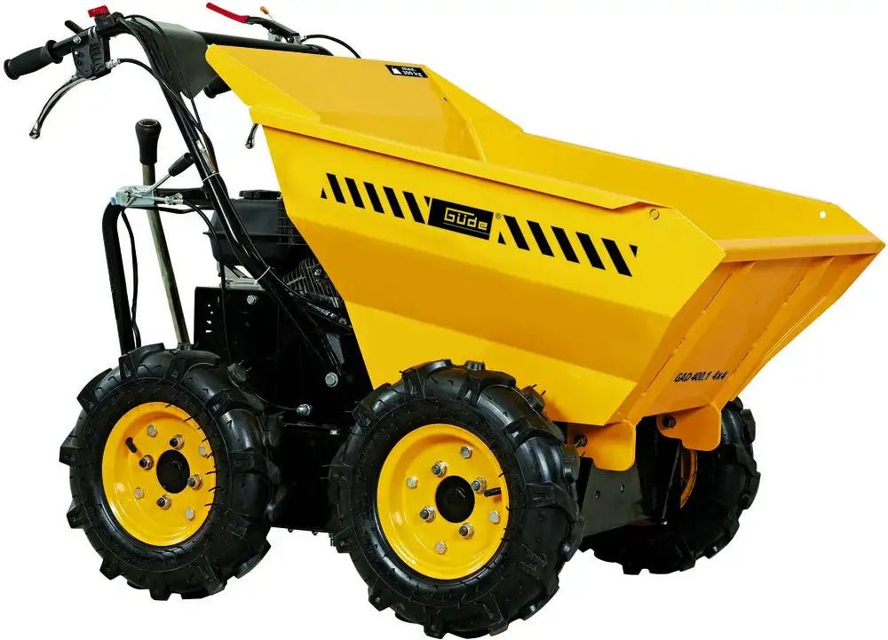 Motocarriola Guede GAD 400.1/4x4 con motore 196 cm³ e vasca da 120 litri, capacità di carico fino a 400 kg, ideale per giardino, agricoltura e cantiere.