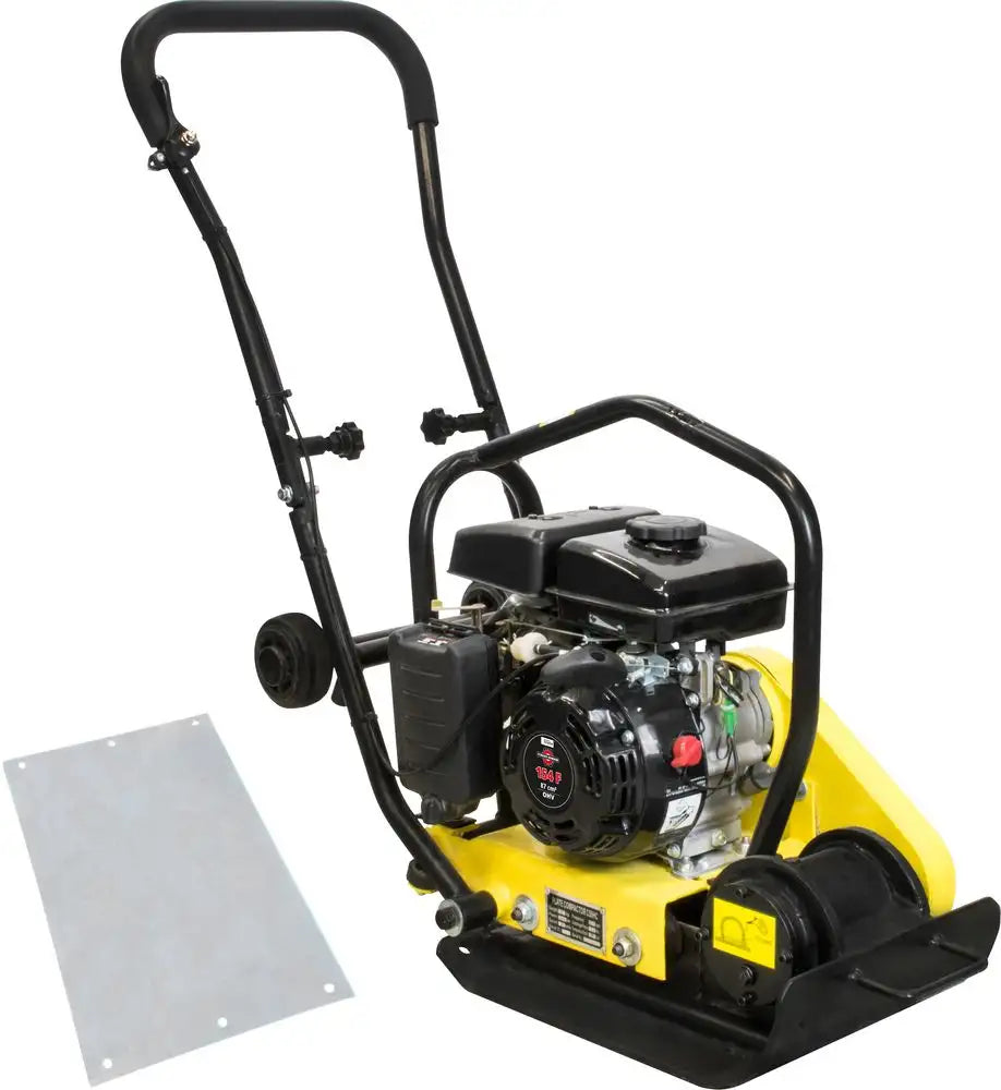 Piastra vibrante Guede GRP 50 da 8,5 kN con motore a 4 tempi e manico pieghevole, ideale per lavori di compattazione su terreni e pavimentazioni.