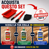 Kit IGM con due pennelli in silicone da 13 e 24 mm, spatola dentata per superfici piane e tenoni, vaschetta in silicone per recupero colla, in combo con Titebond a scelta.