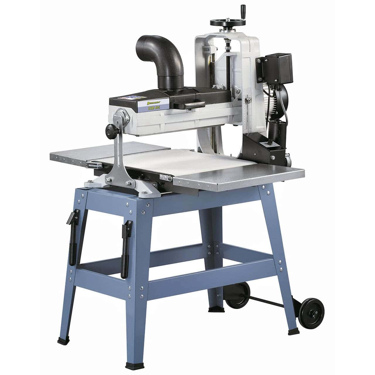 Vista frontale della levigatrice a cilindro ZSM 405 con stand a rulli, prolunghe laterali e nastro abrasivo installato, ideale per pannelli e telai.