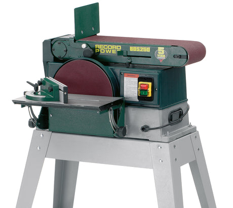 Levigatrice combinata Record Power BDS250 con nastro inclinabile e disco da 254 mm, ideale per lavorazioni professionali del legno in officina.